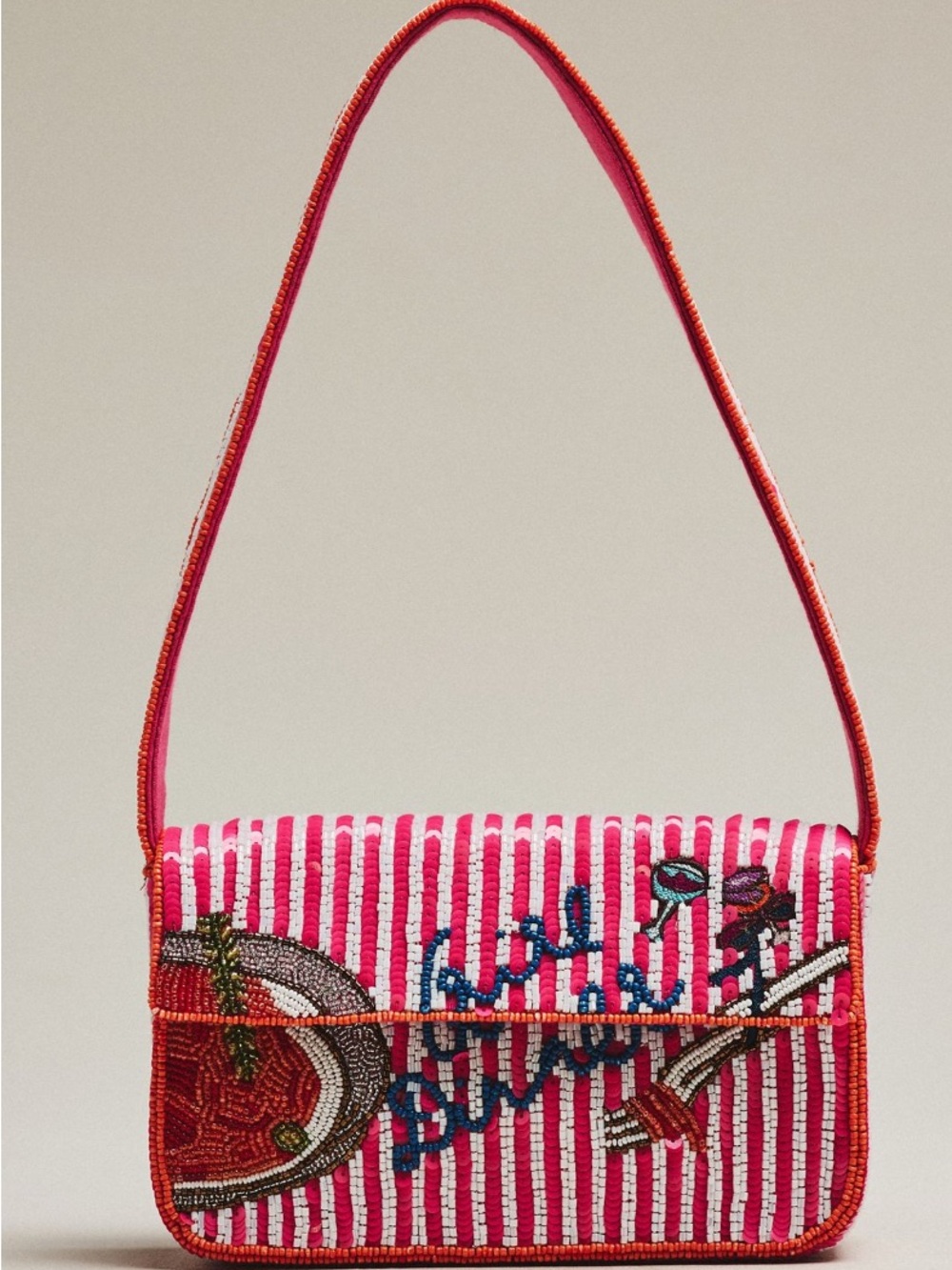 Anthropologie Pink Striped Beaded Crossbody